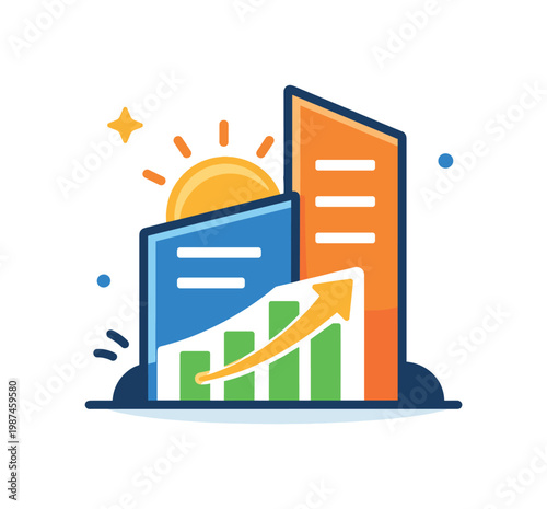Urban development and economic growth presented as a modern metropolitan concept, a simplified cityscape with two geometric buildings of different heights and a small