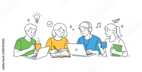 Productivity and focused work in a modern lifestyle context where individuals use coffee as a companion during tasks and creative activities, illustrated by a workspace