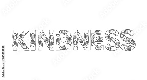 Kindness Word Illustration with Hands and Hearts Line Art