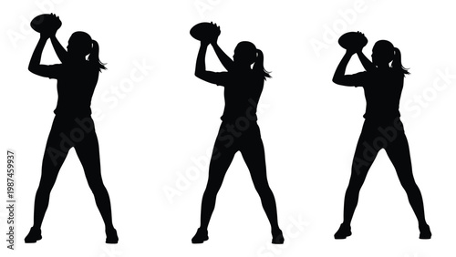Silhouette of three women in athletic poses each holding a football above their heads