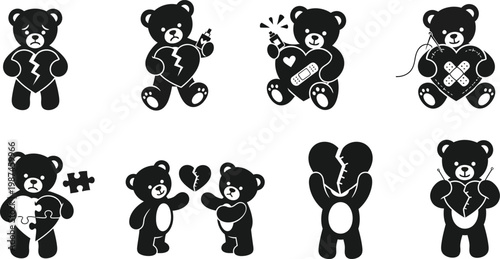 Teddy Bear Broken Mended Heart Silhouette Vector Set