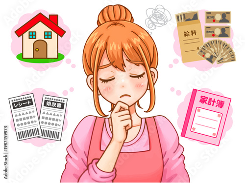 金欠に悩む主婦の女性のアニメ系イラスト素材2