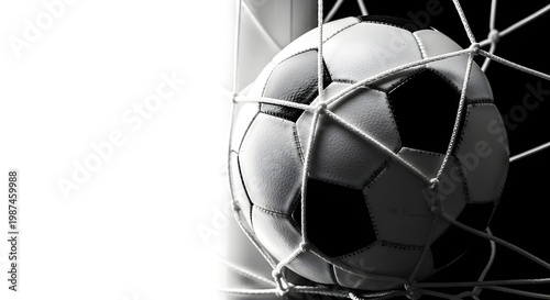 A soccer ball captured in net, symbol of goal. This photo encapsulates the thrill of a successful score, perfect for sports related content
