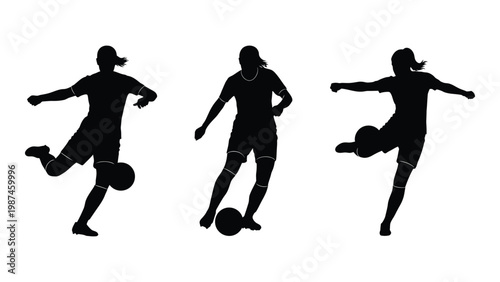 Three silhouettes of female soccer players in dynamic action poses with balls