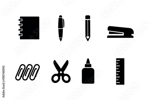 Office supplies set: notebook, pen, pencil, stapler, paper clips, scissors, glue bottle, ruler.