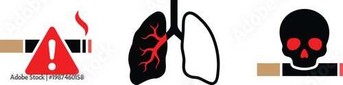 Smoking hazards warning signs with cigarette and human lung and skull icons  health risks and dangers of smoking