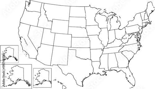 A map of the United States in a simple line illustration style