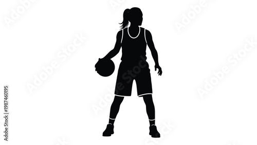 Silhouette of a female basketball player dribbling the ball facing forward