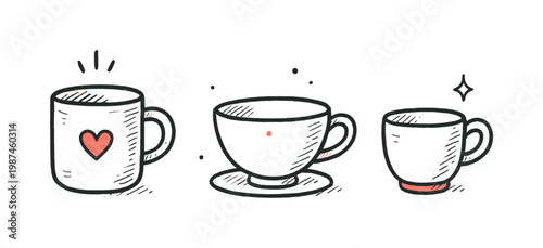 Simple cozy drinks theme a horizontal row of 3 related hand-drawn objects on a white background: a small mug with a tiny red heart on the side, a simple teacup with a