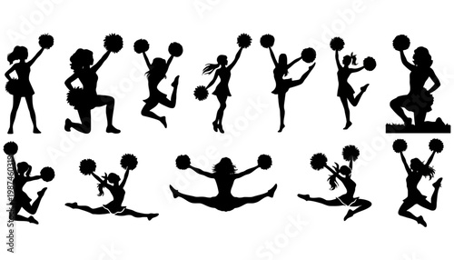 Cheerleader silhouette vector illustrations in various dynamic poses with pom poms