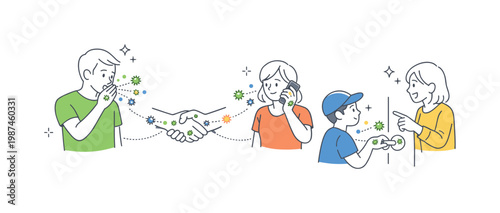 Bacteria spread hygiene education concept illustrating people understanding how germs move between surfaces and individuals in everyday situations, using hands and