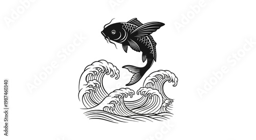Black and white illustration of a koi fish jumping over ocean waves.