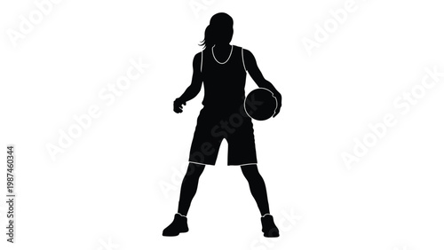 Silhouette of a female basketball player dribbling a ball against a white background