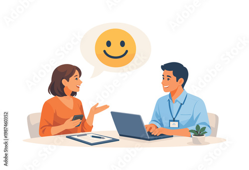 Customer satisfaction scenario where a client expresses positive feedback after receiving a service, representing quality, trust, and successful user experience in modern