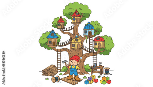 A cartoon treehouse with a builder standing in front of it