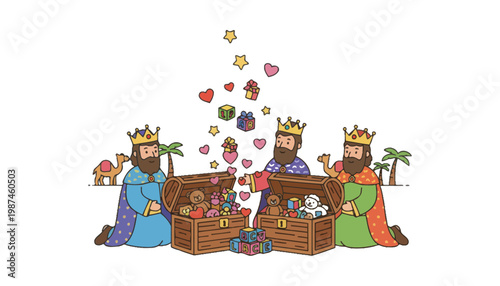 Three wise men sitting with treasure chests filled with gifts and toys