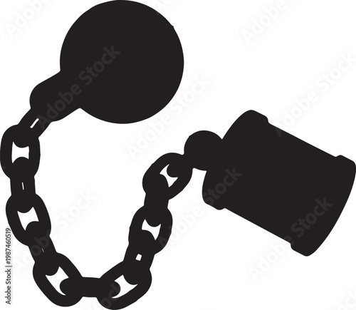 Black silhouette of a ball and chain attached to a cylindrical also transparent background, cylindrical attachment