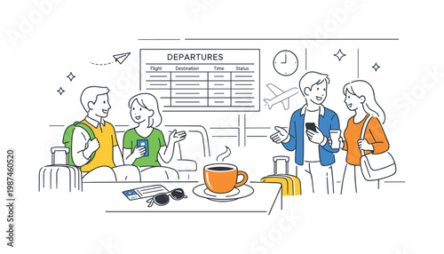 Airport lounge waiting area scenario featuring travelers interacting and preparing for boarding in a clean terminal environment, with a departure board and a single