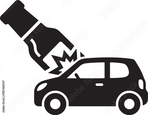 Black silhouette of a hand holding a whisk hitting a small black car also transparent background