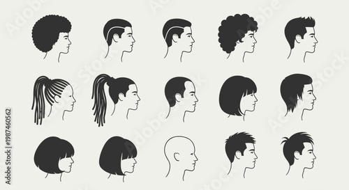 Diverse Collection of Human Head Silhouettes with Various Hairstyles and Haircuts.