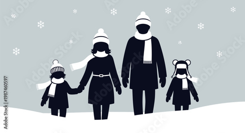 Family of four dressed in winter clothing standing in snow.