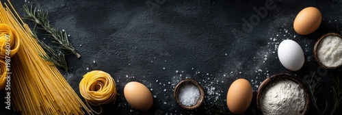 fresh pasta ingredients border, raw eggs, flour, uncooked pasta, dark stone background. rustic Italian cooking, banner with copy space, mock up, template. homemade food, recipe, pasta making concept.