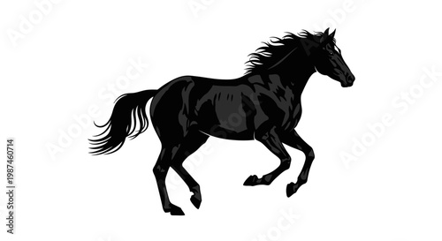 Majestic black horse galloping with flowing mane and tail in dynamic motion.