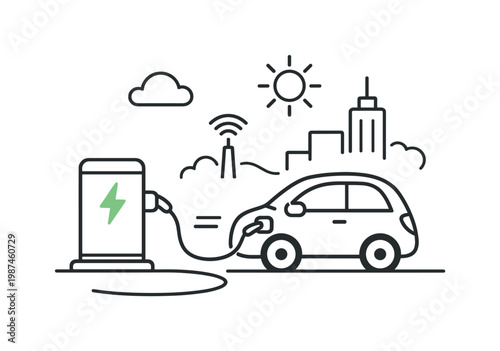 Charging infrastructure and electric transport networks in modern cities, an electric vehicle connected to a charging station with a simple lightning bolt symbol