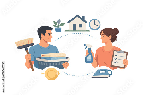 A couple sharing household responsibilities together, dividing tasks efficiently to maintain a clean and organized living space, visual metaphor of two figures holding
