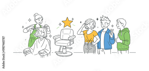 Hair styling transformation scenario showing individuals receiving a new look and expressing personal style in a salon setting, with a styling chair and a single star