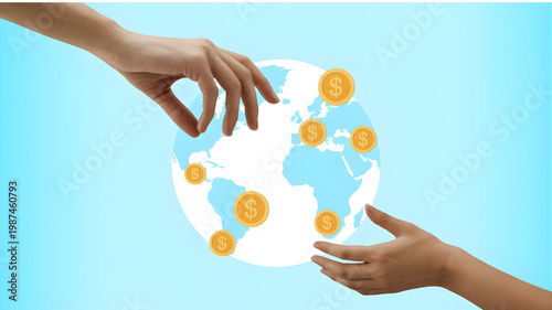 Two hands exchanging a globe with coins on it