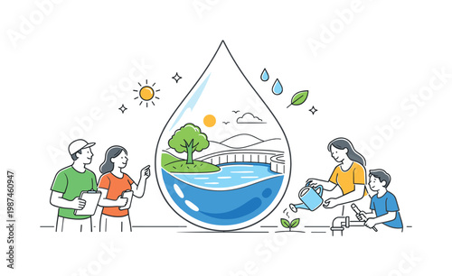 An environmental protection initiative where communities work together to preserve water resources and reduce consumption, represented by a minimal composition of a large