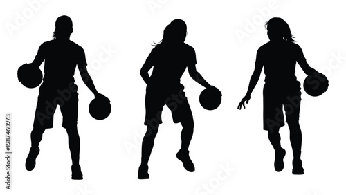 Three female basketball players in silhouette are shown dribbling and holding balls