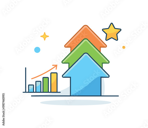 Business growth and forward progress in a corporate context highlighting momentum and continuous improvement, layered arrow patterns pointing upward combined with a small
