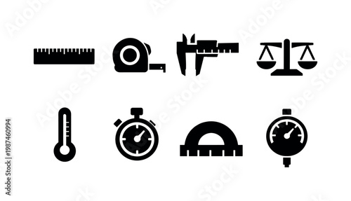 Measurement tools set: ruler, measuring tape, caliper, scale balance, thermometer, stopwatch, protractor, gauge dial.