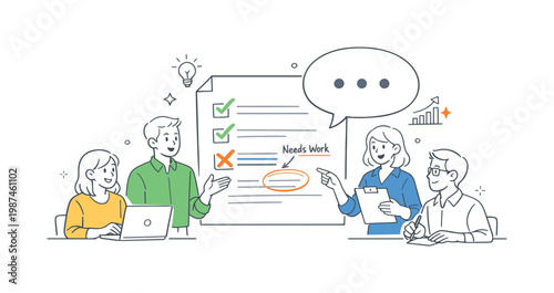 Constructive criticism in a professional setting where colleagues exchange feedback to improve performance and outcomes, represented by a document with marked notes and a