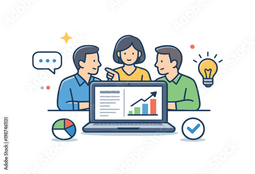 Business meeting presentation and collaborative discussion supporting decision making and alignment across team members, a laptop connected with a document and a small