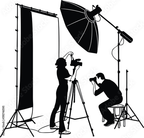 Photography Studio Silhouette Photographer and Camera Setup Illustration Transparent on White Background