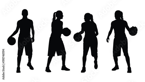 Silhouettes of four women playing basketball each holding or preparing to throw the ball