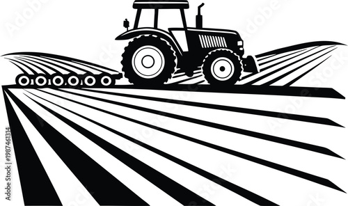 Tractor with a wide plow working in a field under sunlight isolated on white background