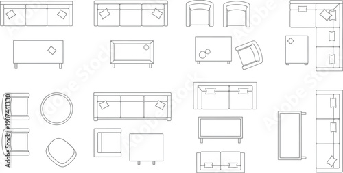 Collection of furniture floor plan symbols for architectural interior design including sofas armchairs and tables in top view vector illustration