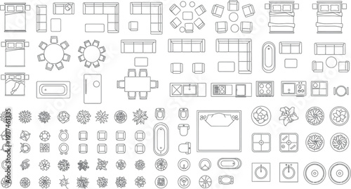 Architectural floor plan symbols collection featuring furniture kitchen appliances bathroom fixtures and landscaping elements in a minimalist vector line art style.