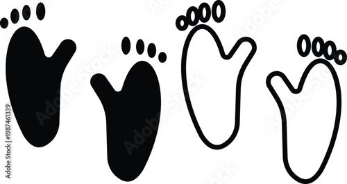 Gorilla paw footprint icon set collection group, primate handprint track footprint symbol vector pack, wildlife ape mark, flat and line style black icons isolated on transparent background
