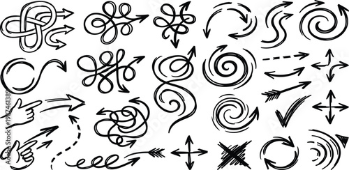 Collection of hand-drawn arrow symbols and icons for design projects, illustrating direction and movement