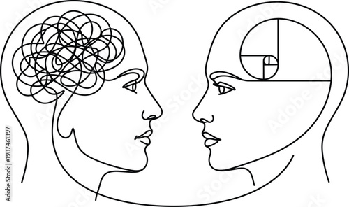 A visual metaphor illustrating the intricate balance between rational, orderly thought and the beautifully chaotic nature of human intuition and creativity, highlighting the duality of the human mind