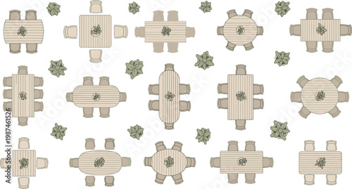 Top view vector illustration of various dining table sets with chairs and potted plants for architectural floor plan design layouts.