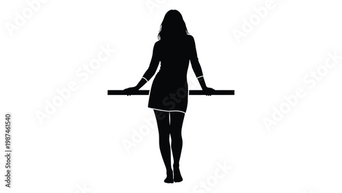 A solitary silhouette of a woman leaning forward with hands resting on a horizontal bar