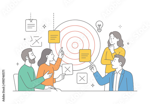 A task prioritization and impact focus scene showing a small team selecting key initiatives around a large target and highlighted cards, using a clear visual metaphor of
