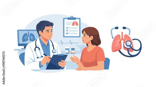 Lung diagnosis scenario where a medical professional evaluates respiratory health using clinical tools and patient consultation, representing analysis, care, and early