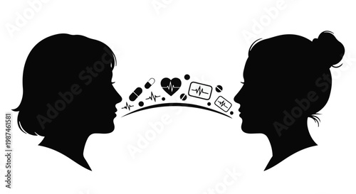 silhouette of two women facing each other with social media icons